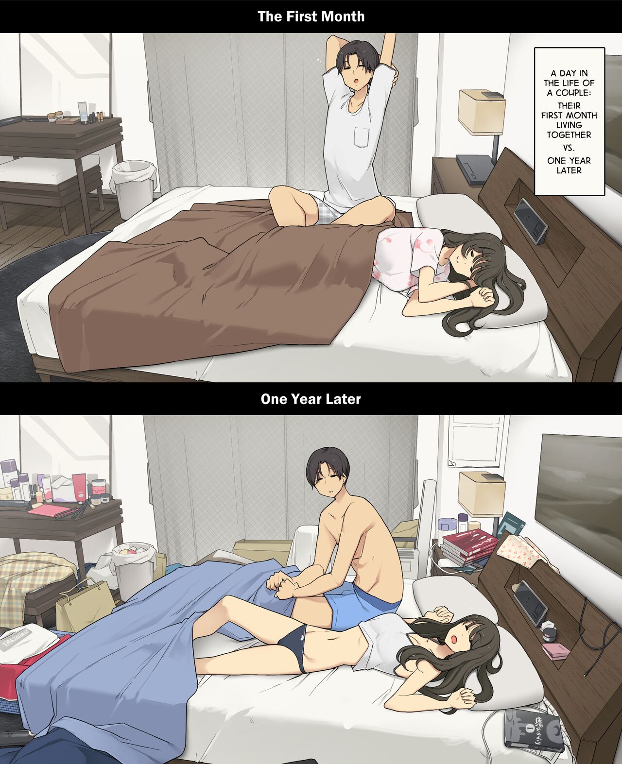 A Day in the Life of a Couple: Their First Month Living Together vs. One Year Later Dousei Seikatsu Ikkagetsume to Ichinen Ato, Asaokite kara Shuushin made no Hikaku